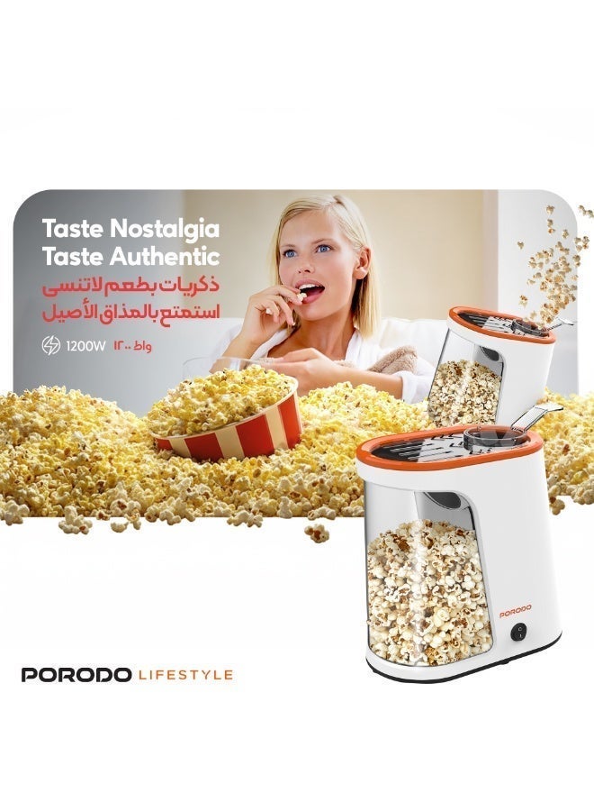 بورودو صانعة الفشار 1200 واط مع خزان قابل للفصل، ماكينة الفشار بالهواء الساخن، وجبة خفيفة صحية، ماكينة صانع الفشار خالية من الزيت، 60 جرام من بذور الذرة - أبيض وبرتقالي - Image 5